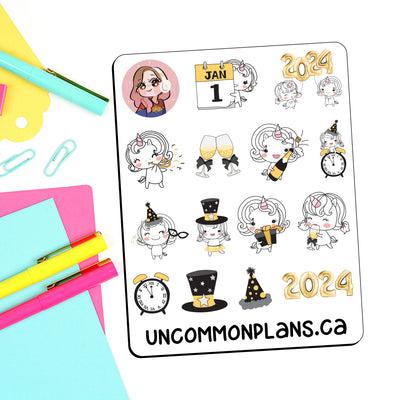 Doodle Unicorn New Years 2024 Stickers Sheet