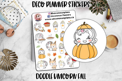 Doodle Unicorn Fall Autumn Thanksgiving Deco Planner Stickers Sheet